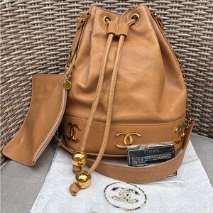 Authentic CHANEL brown caviar leather triple CC 24k gold bucket with pouch